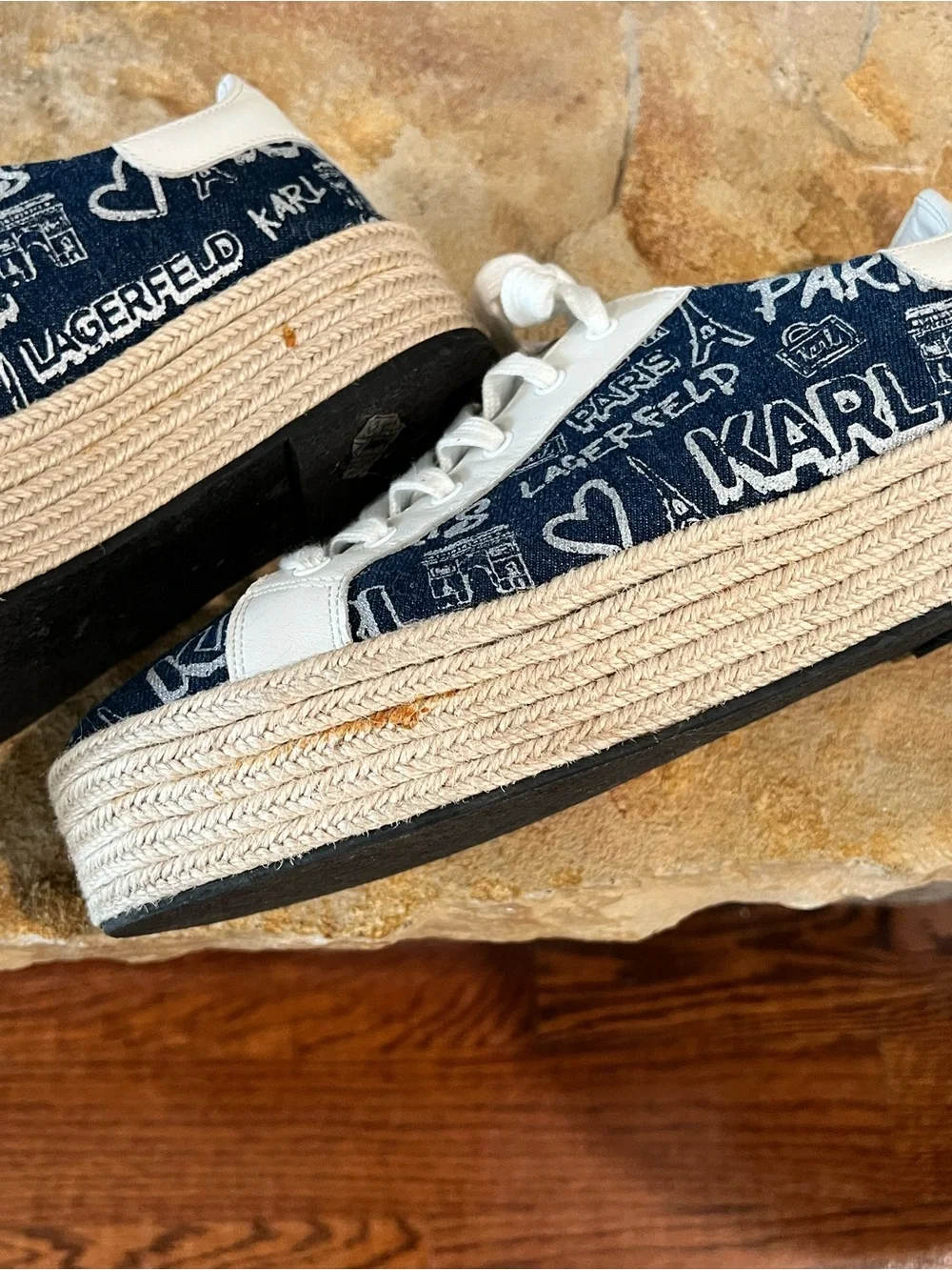 Karl Lagerfeld Navy and White Logo Espadrille Platform Sneakers